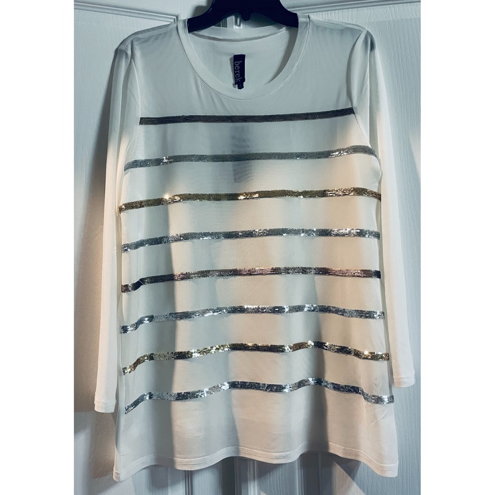 Berek Top Women's Large White Long Sleeves Striped Sequin Sheer Pullover NWT